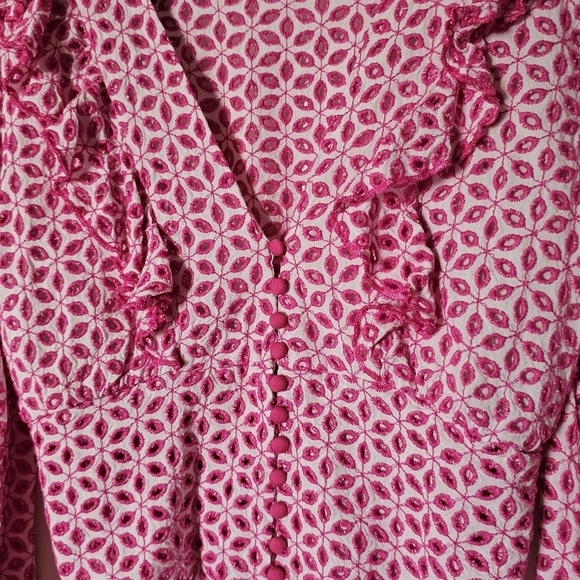 Bardot Camille pink eyelet ruffle v-neck smocked barbiecore cropped blouse - Picture 6 of 11